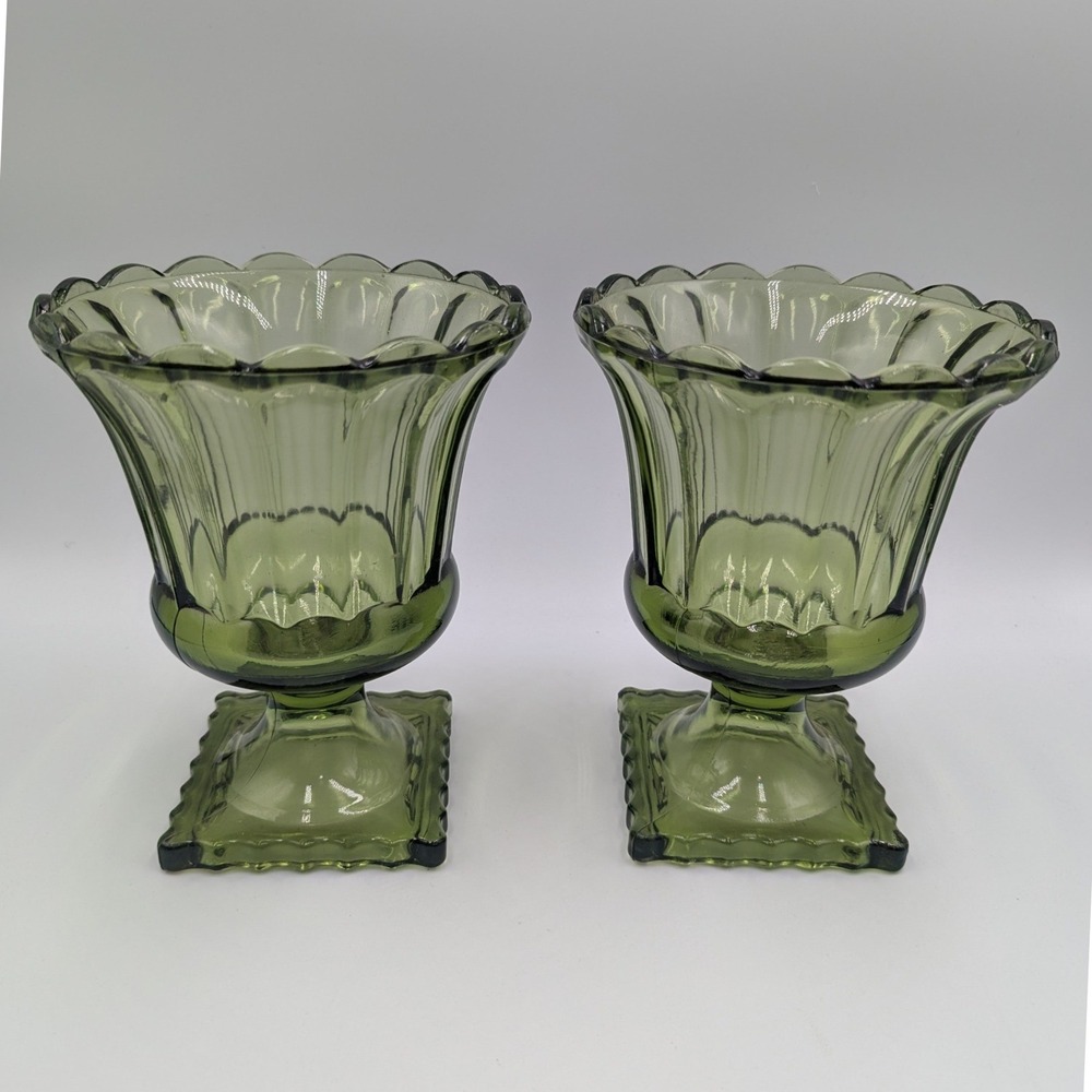 Indiana Glass Pedestal Vases Avocado Green Scalloped Rim Set of 2